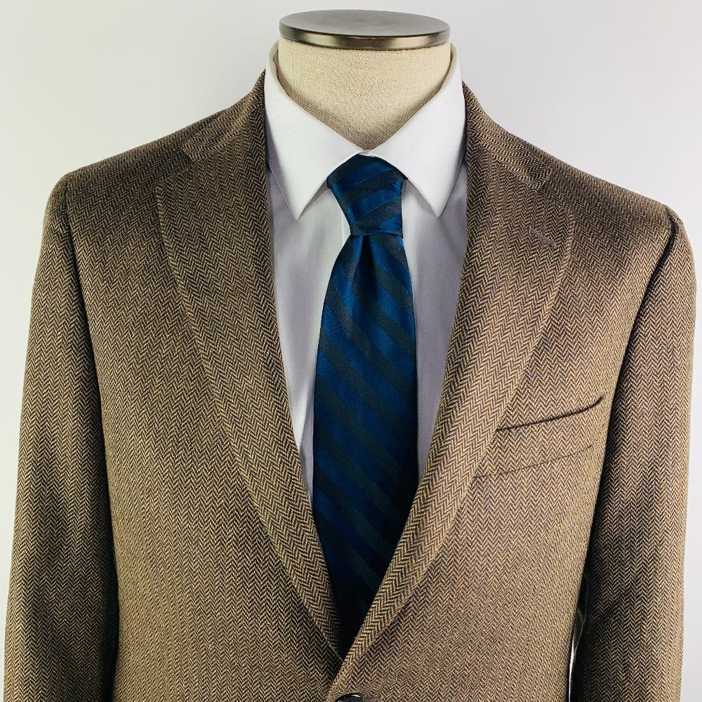Hart Schaffner Marx Mens 40R 2-Button Brown Herringbone Sport Coat Made in USA